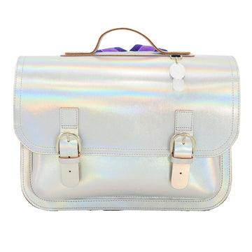 Lederen schooltas met gespen - Silver